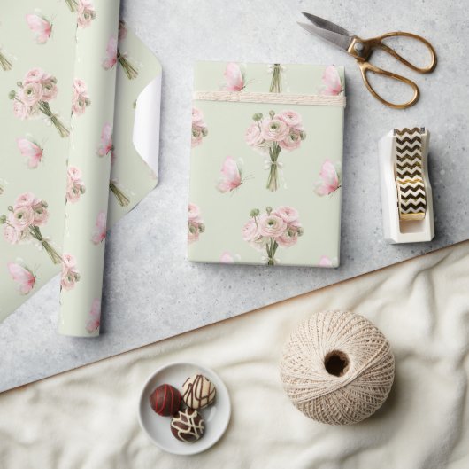 Papier Cadeau Fleurs de Ranunculus Rose Clair Papillons Annivers (Artisanat)