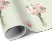 Papier Cadeau Fleurs de Ranunculus Rose Clair Papillons Annivers (Coin rond)