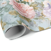 Papier Cadeau Fleurs de régence bleues Roses et Hydrangeas vinta (Coin rond)