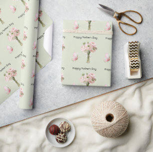 Papier Cadeau Fleurs de renoncule rose menthe Bonne fête des mèr