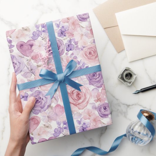 Papier Cadeau Fleurs de Saint-Valentin Cœurs Fleurs Rose Violet (Cadeaux)