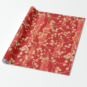 Papier Cadeau FLEURS DE SAKURA ROUGE Modèle floral japonais anti