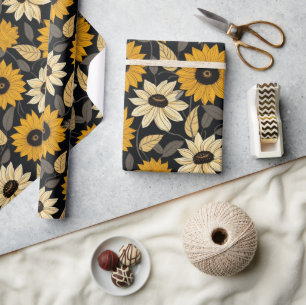 Papier Cadeau Fleurs de soleil à crème jaune mignonne Noir