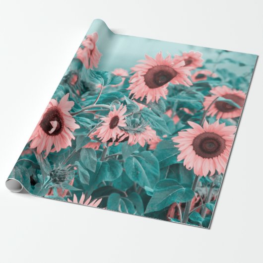 Papier Cadeau Fleurs de soleil géantes rose Turquoise Art Découp (Déroulé)