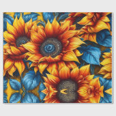 Papier Cadeau Fleurs de soleil jaune rouge et bleu (Plat)