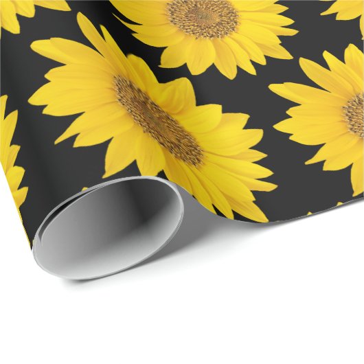 Papier Cadeau Fleurs de soleil jaune vif sur Arrière - plan noir (Coin rond)