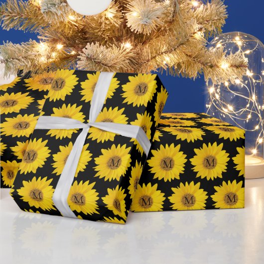 Papier Cadeau Fleurs de soleil jaunes sur Monogramme noir (Vacances)