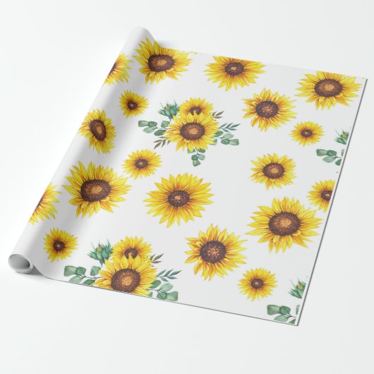 Papier Cadeau Fleurs de soleil sur Arrière - plan blanc (Déroulé)