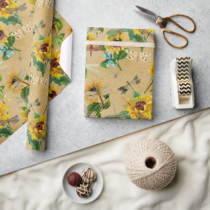 Papier Cadeau Fleurs de soleil vintages et libellules