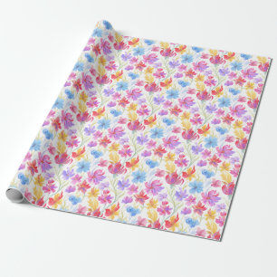 Papier Cadeau Fleurs de style aquarelle abstrait rose bleu jaune