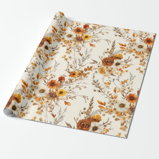 Papier Cadeau Fleurs de terre cuite et blanches, boho exotique b (Déroulé)