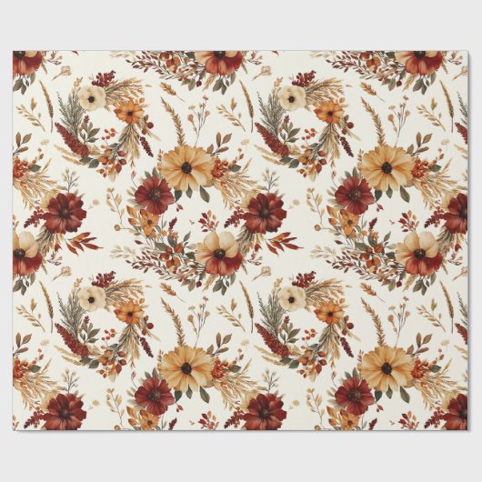 Papier Cadeau Fleurs de terre cuite et blanches, botanique boho (Plat)