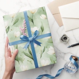 Papier Cadeau Fleurs de tulipe vertes blanches pour anniversaire