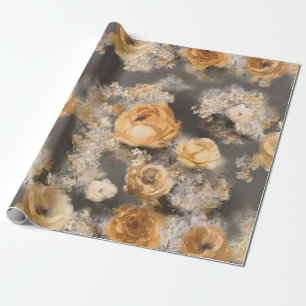 Papier Cadeau fleurs décoratives dorées à l'aquarelle monochrome