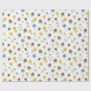 Papier Cadeau Fleurs des champs et abeilles à l'aquarelle