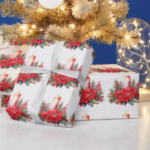 Papier Cadeau Fleurs d'Euphorbe de Noël aquarelle, Baies