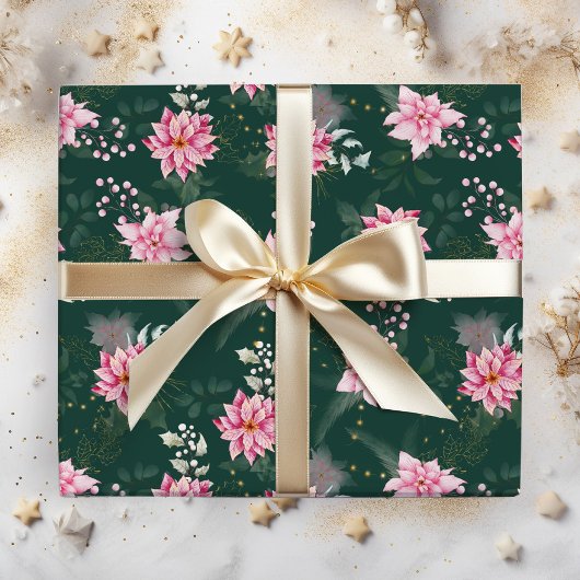 Papier Cadeau Fleurs d'Euphorbe Rose sur Fond Vert Foncé
