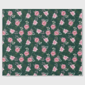 Papier Cadeau Fleurs d'Euphorbe Rose sur Fond Vert Foncé (Plat)