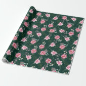 Papier Cadeau Fleurs d'Euphorbe Rose sur Fond Vert Foncé (Déroulé)