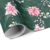 Papier Cadeau Fleurs d'Euphorbe Rose sur Fond Vert Foncé (Coin rond)