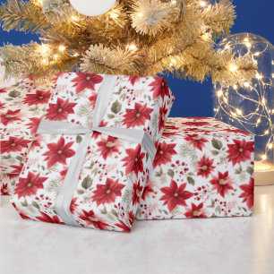 Papier Cadeau Fleurs d'Euphorbe Rouge Baies de Noël Fêtes