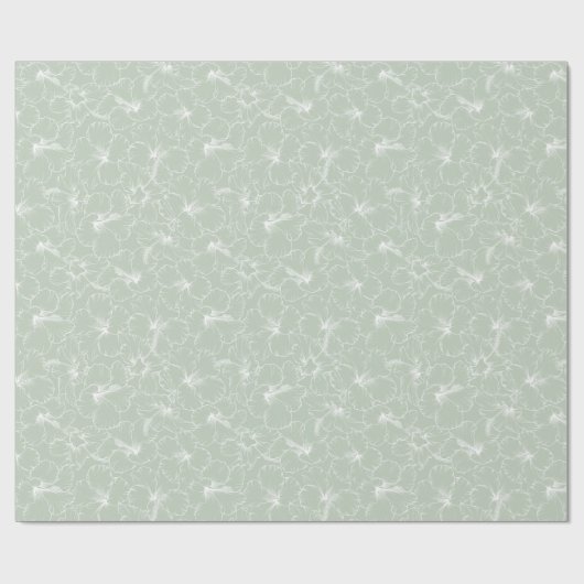 Papier Cadeau Fleurs d'Hibiscus blanc en fleurs sur le vert Sage (Plat)