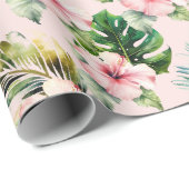Papier Cadeau Fleurs d'Hibiscus roses aux Feuilles tropicaux (Coin rond)