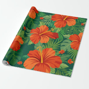 Papier Cadeau Fleurs d'Hibiscus Rouge Orange Vert Feuillage de l