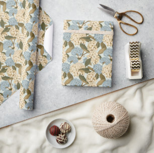 Papier Cadeau Fleurs d'Hydrangée Bleue et Blanche, et Feuilles v