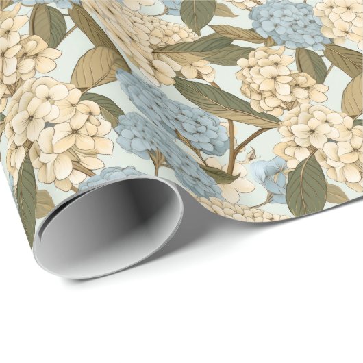 Papier Cadeau Fleurs d'Hydrangée Bleue et Blanche, et Feuilles v (Coin rond)