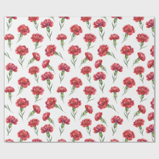 Papier Cadeau Fleurs d'oeillet rouge aquarelle sur fond blanc