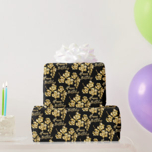 Papier Cadeau Fleurs d'or noir et or joyeux anniversaire