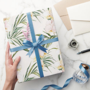 Papier Cadeau Fleurs d'Orchidée Blanche Tropicale pour Baby Show
