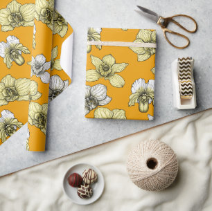 Papier Cadeau Fleurs d'orchidées jaune et blanc