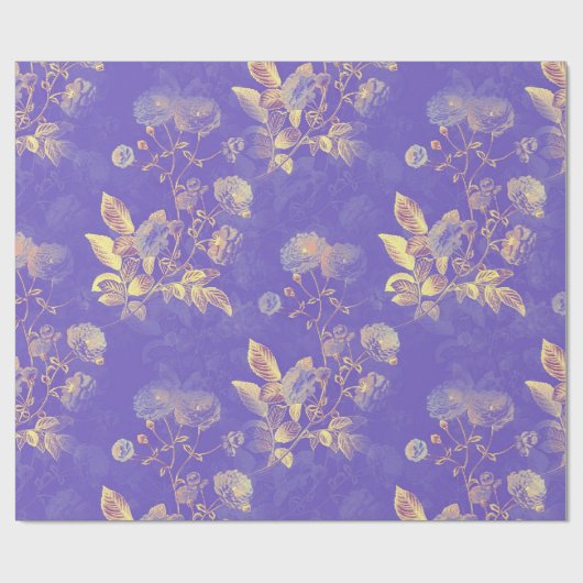 Papier Cadeau Fleurs dorées rétro sur violet (Plat)