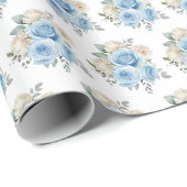 Papier Cadeau Fleurs élégantes bleu poussiéreux argent (Coin rond)