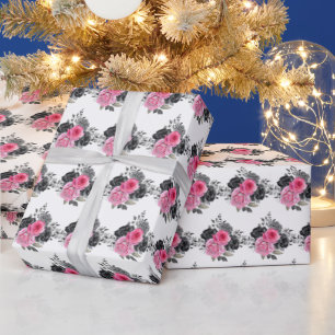 Papier Cadeau Fleurs élégantes rose chaud et argent