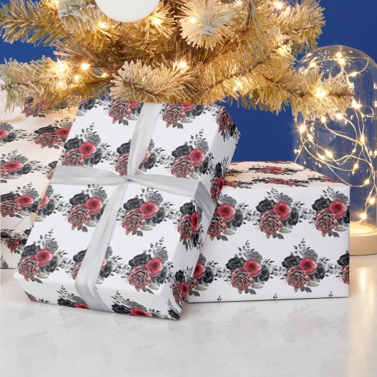 Papier Cadeau Fleurs élégantes rouges et argentées (Vacances)