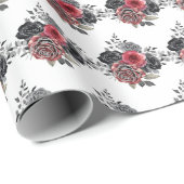 Papier Cadeau Fleurs élégantes rouges et argentées (Coin rond)