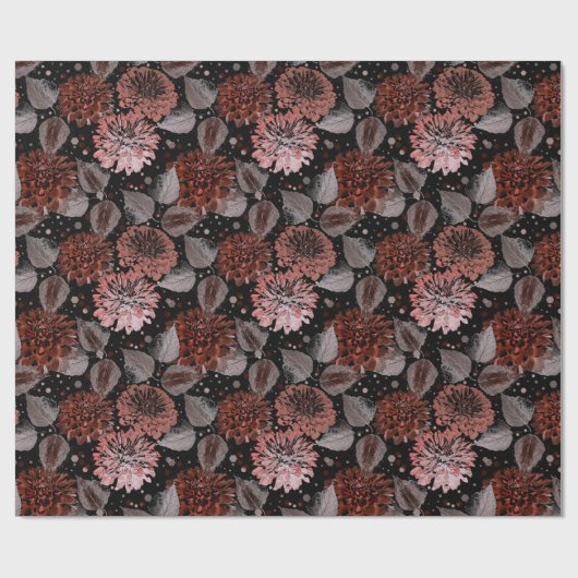 Papier Cadeau Fleurs en terre cuite avec feuilles gris sur un no (Plat)