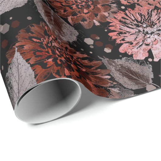 Papier Cadeau Fleurs en terre cuite avec feuilles gris sur un no (Coin rond)