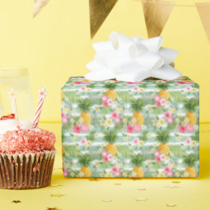 Papier Cadeau Fleurs et ananas Turquoises rayures