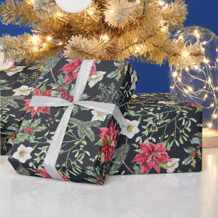Papier Cadeau Fleurs et baies de poinsettia rouge de Noël