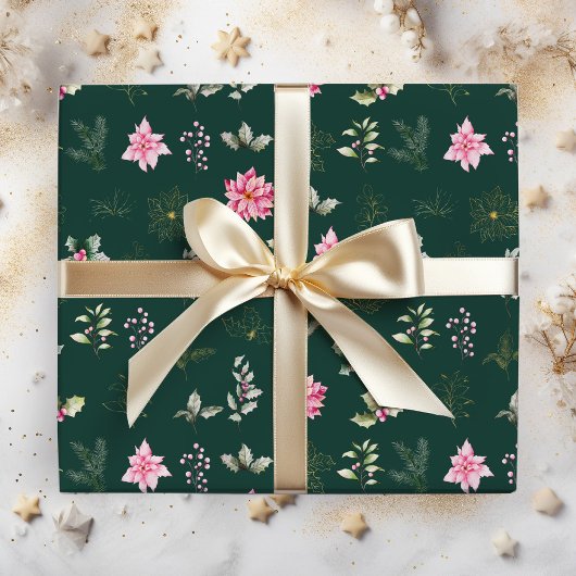 Papier Cadeau Fleurs et feuillage rose Poinsettia sur Vert foncé