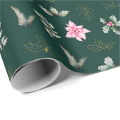 Papier Cadeau Fleurs et feuillage rose Poinsettia sur Vert foncé (Coin rond)