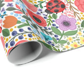 Papier Cadeau Fleurs et Ladybugs de couleur rouge bleu sauvage (Coin rond)