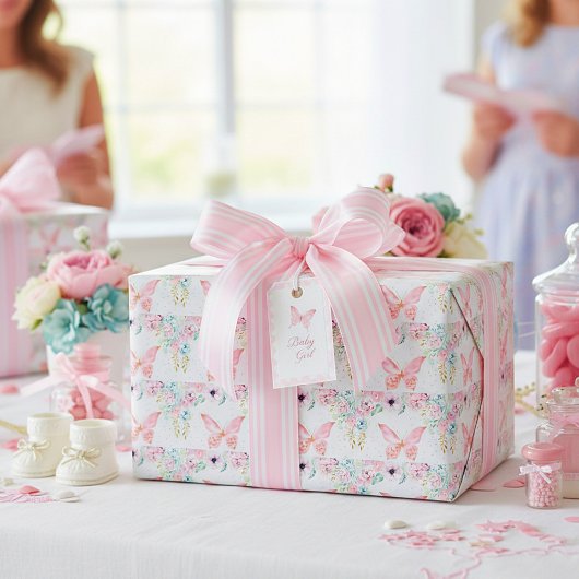 Papier Cadeau Fleurs et papillon pastel