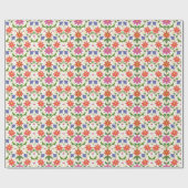 Papier Cadeau Fleurs et Pois roses et orange sur Ecru (Plat)