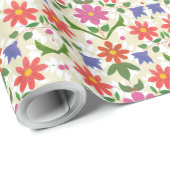 Papier Cadeau Fleurs et Pois roses et orange sur Ecru (Coin rond)