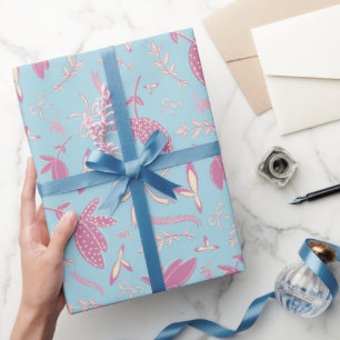 Papier Cadeau Fleurs et vaches bleues délicates